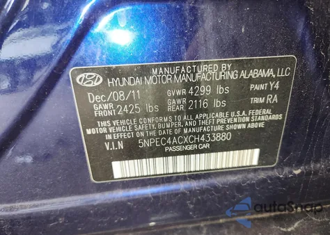 2012 Hyundai Sonata Se from USA, damaged, VIN 5NPEC4ACXCH433880